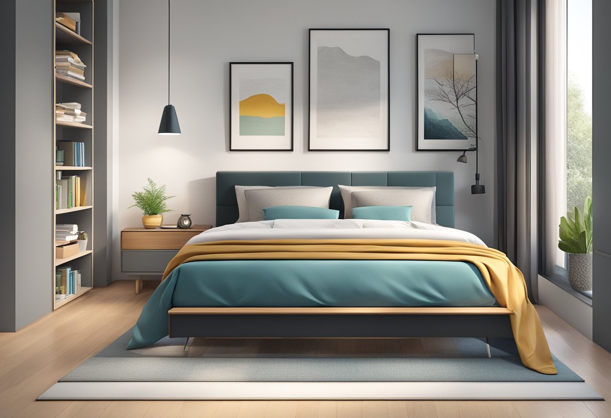 A bedroom with a sleek, modern storage bed frame, neatly organized with bedding and pillows. A bedside table with a lamp and a few books