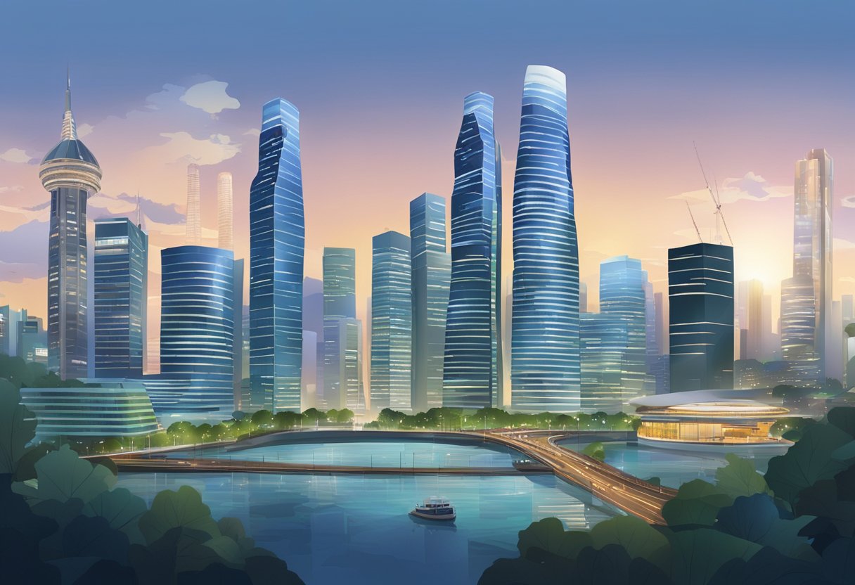 A bustling cityscape with iconic skyscrapers and a network of telecommunications infrastructure, showcasing the modern and dynamic nature of Telco Singapore