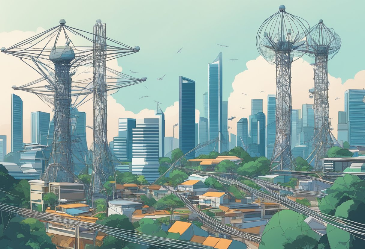 The bustling city of Singapore is dotted with tall, modern telecommunications towers, crisscrossed by a web of cables and satellite dishes