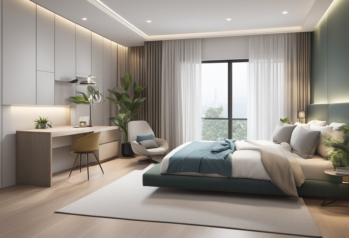 A modern bedroom with a sleek storage bed frame against a clean, minimalist backdrop in Singapore