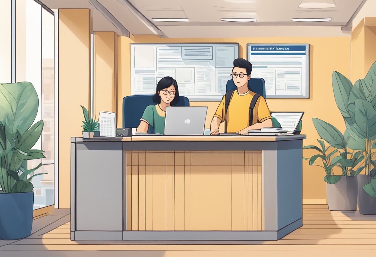 A person at a desk in a visa office with a sign that reads "Frequently Asked Questions Taiwan Visa Singapore"