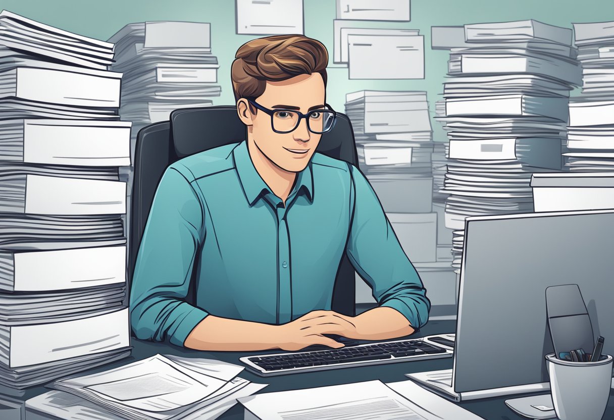 A customer service representative answering questions on a computer screen, surrounded by a stack of FAQ documents
