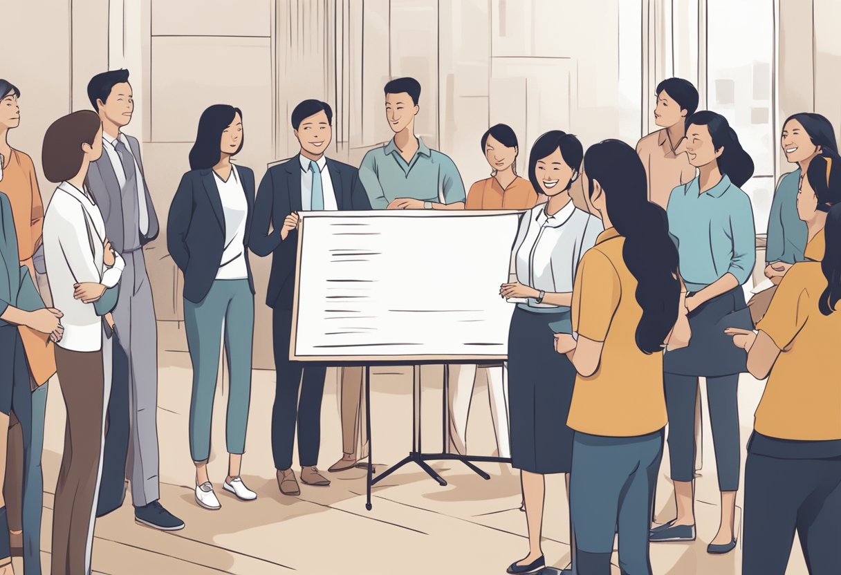 A group of people stand in a circle, speaking confidently. A banner with the words "Toastmasters Singapore" hangs in the background
