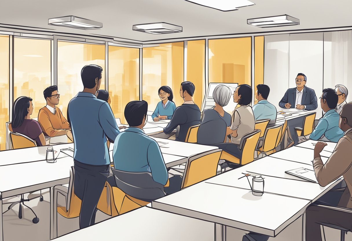 A group of people gather in a bright, modern meeting room, engaging in lively discussions and practicing public speaking at a Toastmasters event in Singapore