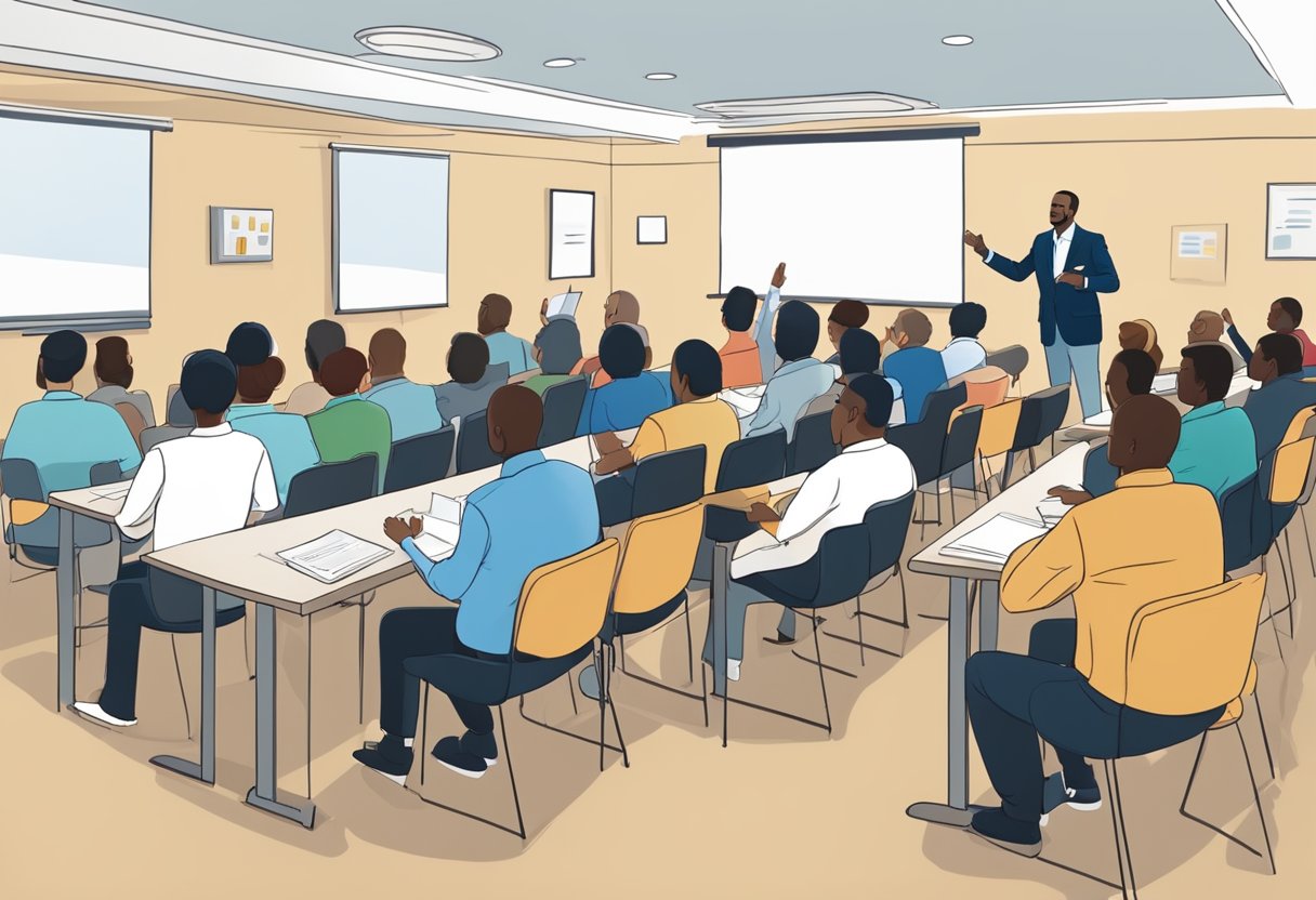 Members engage in public speaking and leadership activities at a Toastmasters meeting. The atmosphere is supportive and encouraging, with individuals practicing and honing their communication and leadership skills