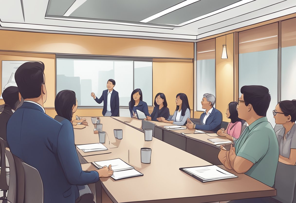 A group of people gathered in a meeting room, engaged in conversation and practicing public speaking skills at a Toastmasters Singapore event