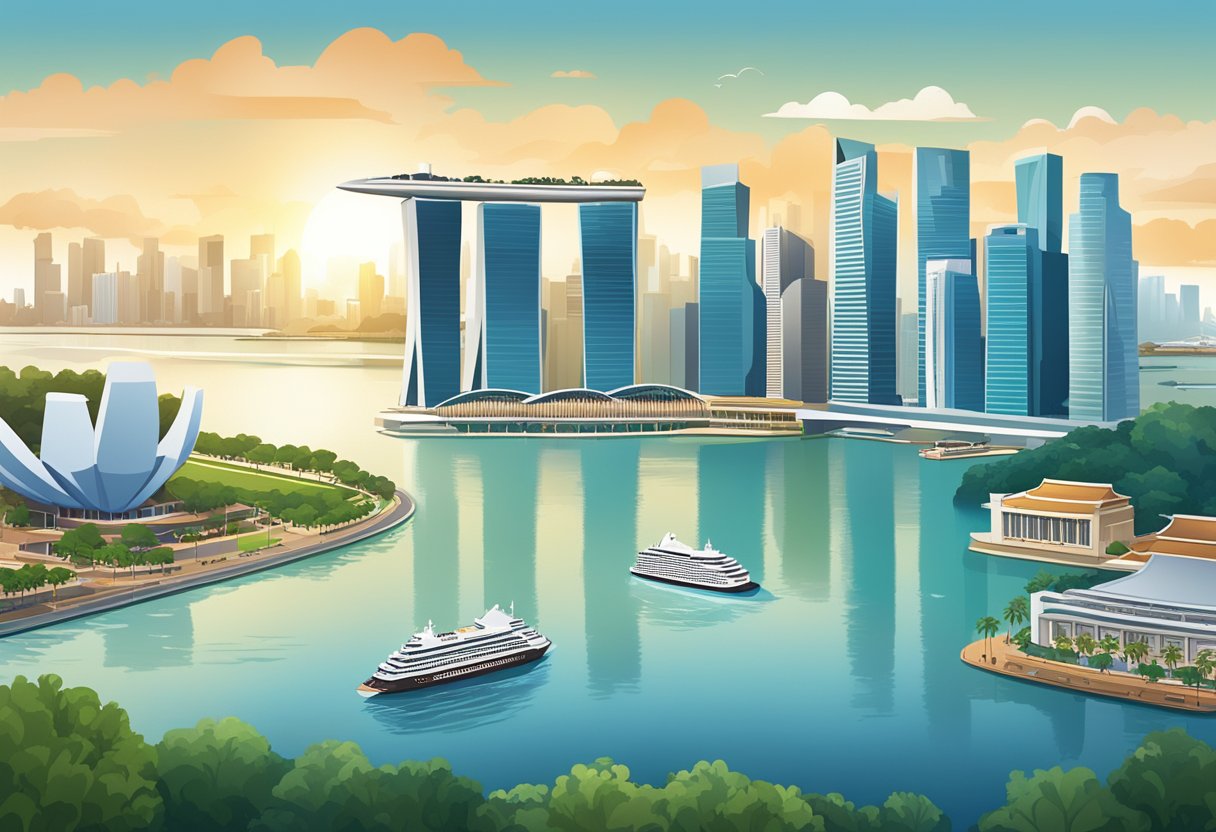 The iconic skyline of Singapore, with its towering skyscrapers and the majestic Marina Bay Sands, overlooking the glistening waters of the Marina Bay