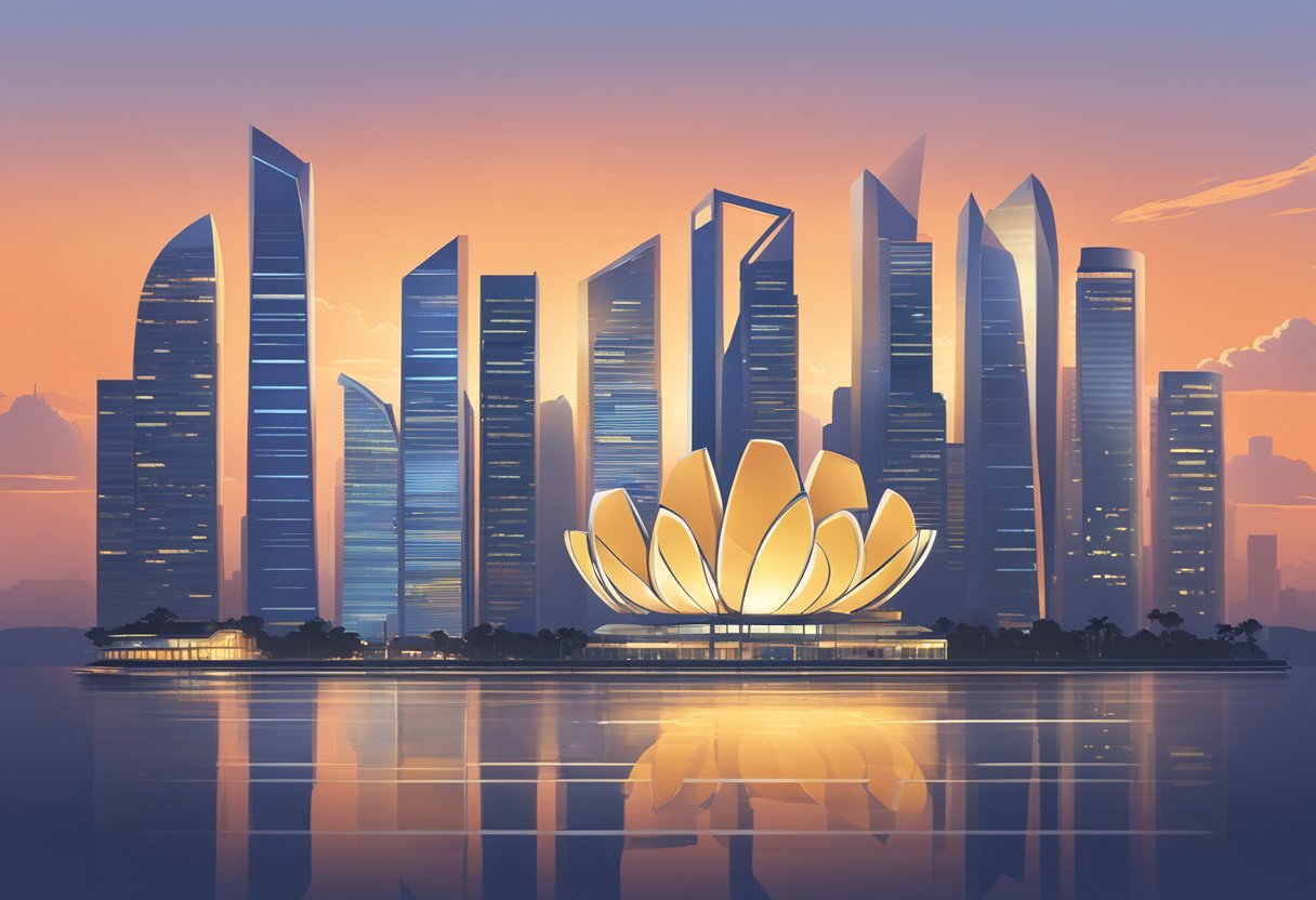 Tyr's logo shines over Singapore's iconic skyline at sunset