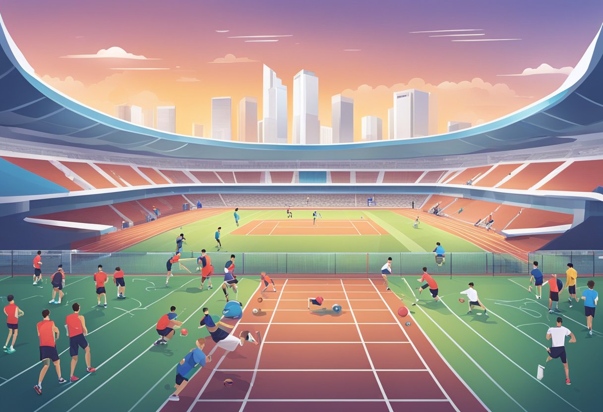 Athletes training in state-of-the-art facilities, surrounded by coaches and sports scientists, with iconic Singaporean landmarks in the background