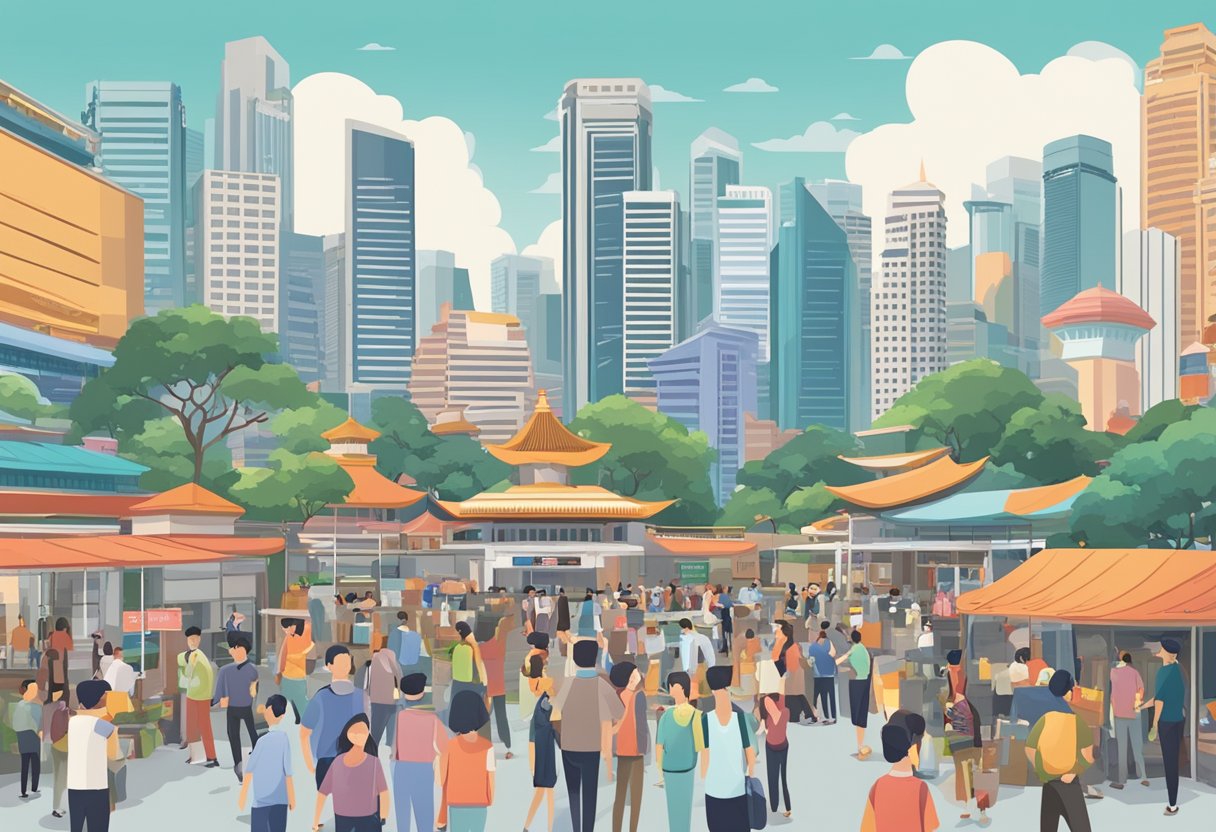 The bustling city of Singapore with iconic landmarks in the background, surrounded by people seeking information at a "Frequently Asked Questions" booth