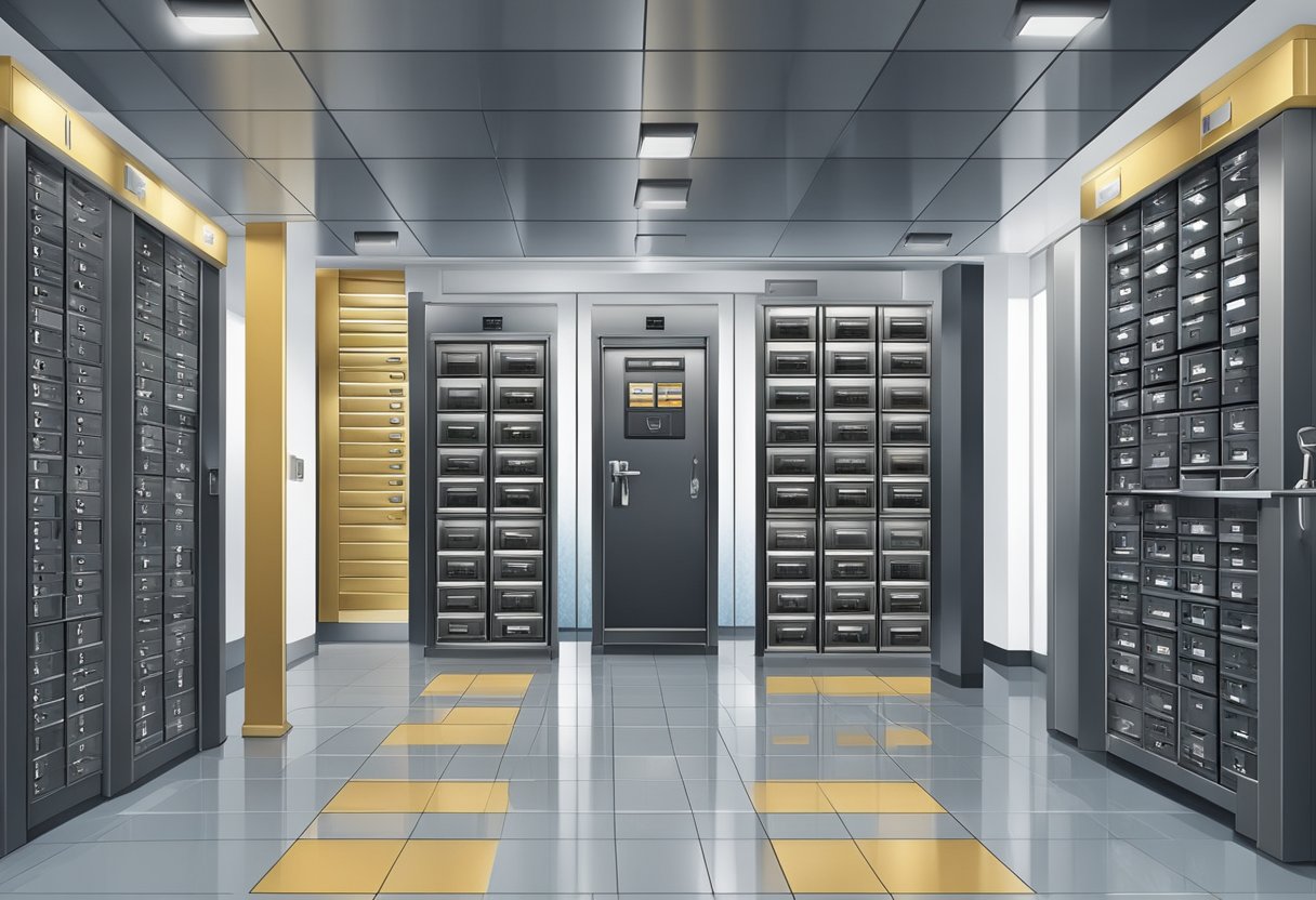 A secure room with rows of metal safe deposit boxes, a keypad entry, and a security guard