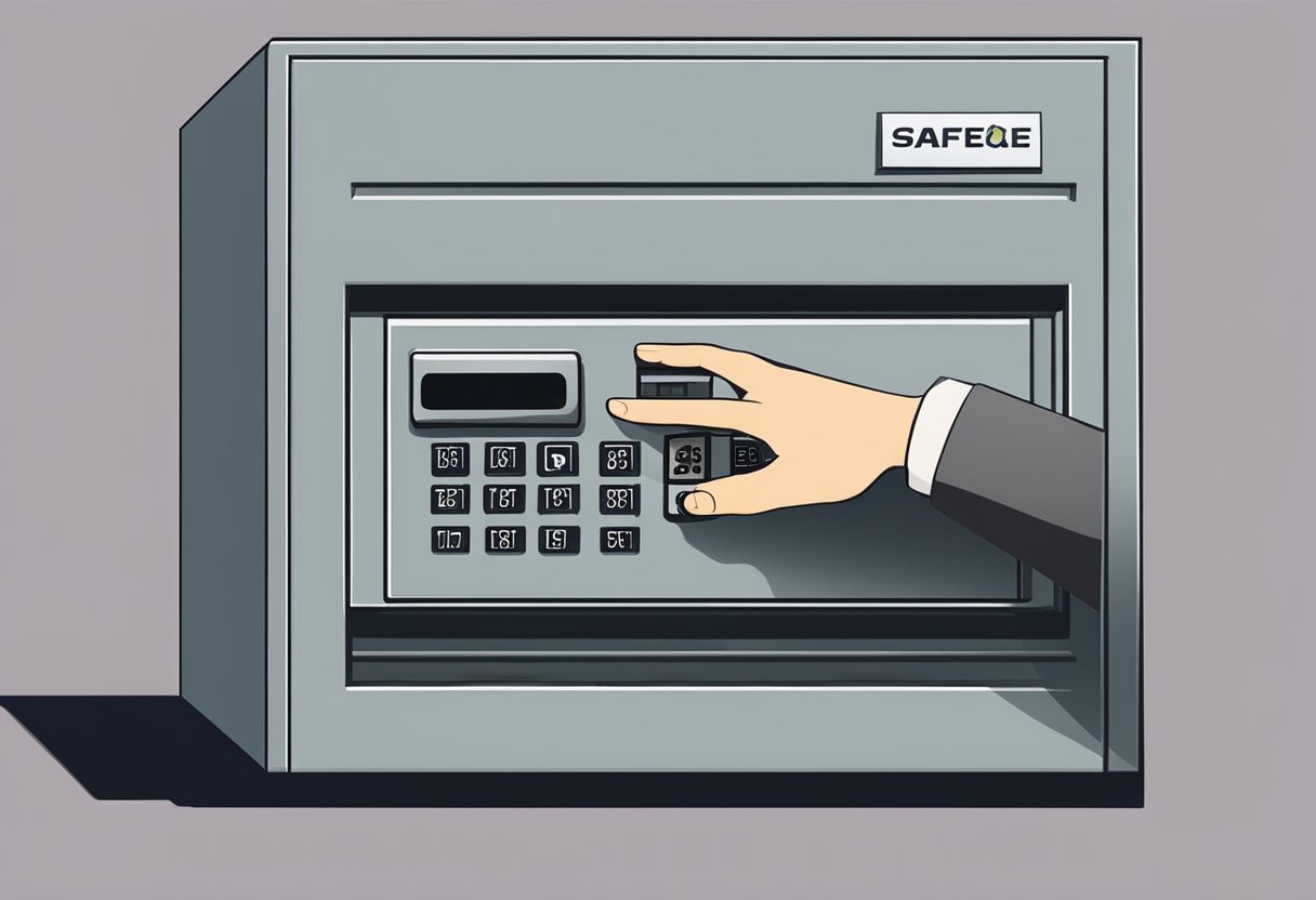 A hand reaches for a safe deposit box inside a secure vault in Singapore. The box is made of metal and has a digital keypad for access