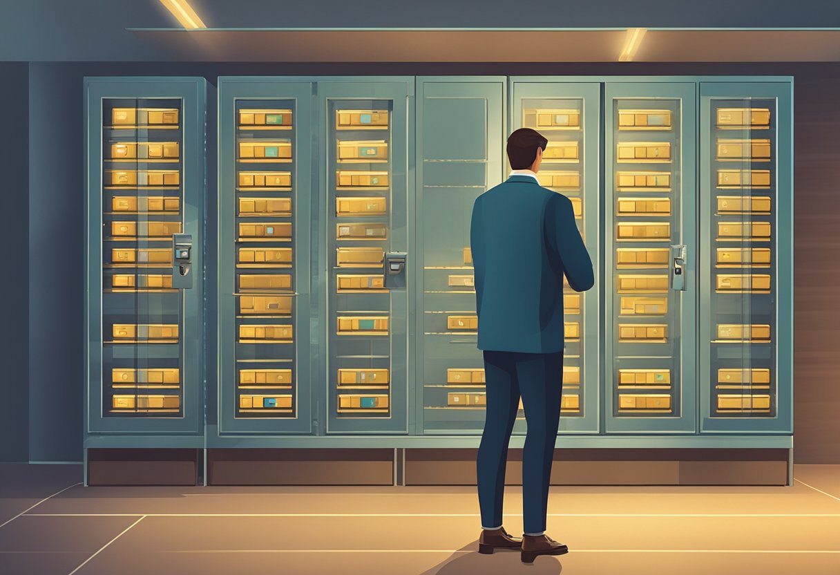 A customer stands in front of a row of secure safe deposit boxes, carefully selecting the right one. The room is well-lit and modern, with a professional and trustworthy atmosphere
