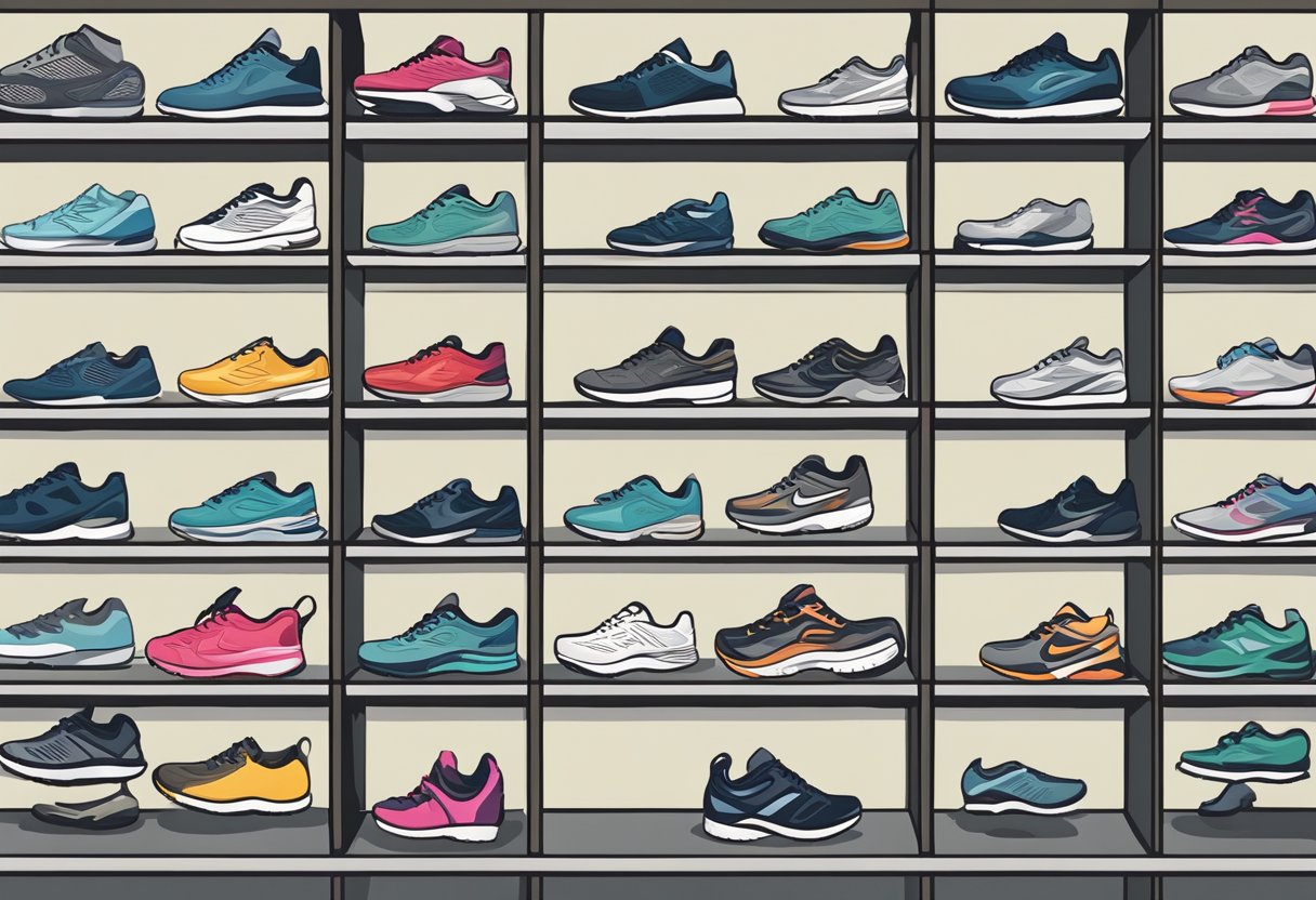 A variety of running shoes are displayed on shelves, each labeled with different foot types. A chart on the wall categorizes foot shapes and corresponding shoe styles