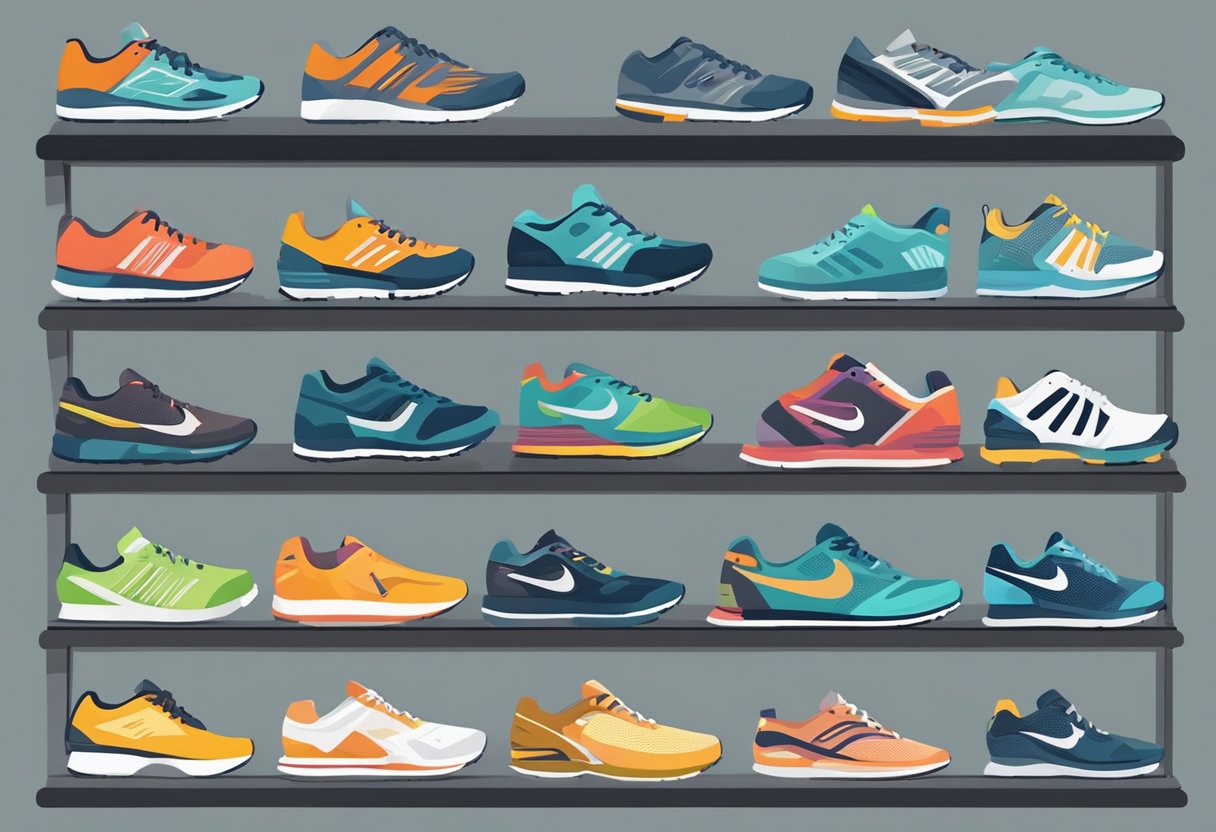 A variety of running shoes displayed on shelves, each labeled with different foot types. A chart or infographic showing how to match shoes to specific foot characteristics