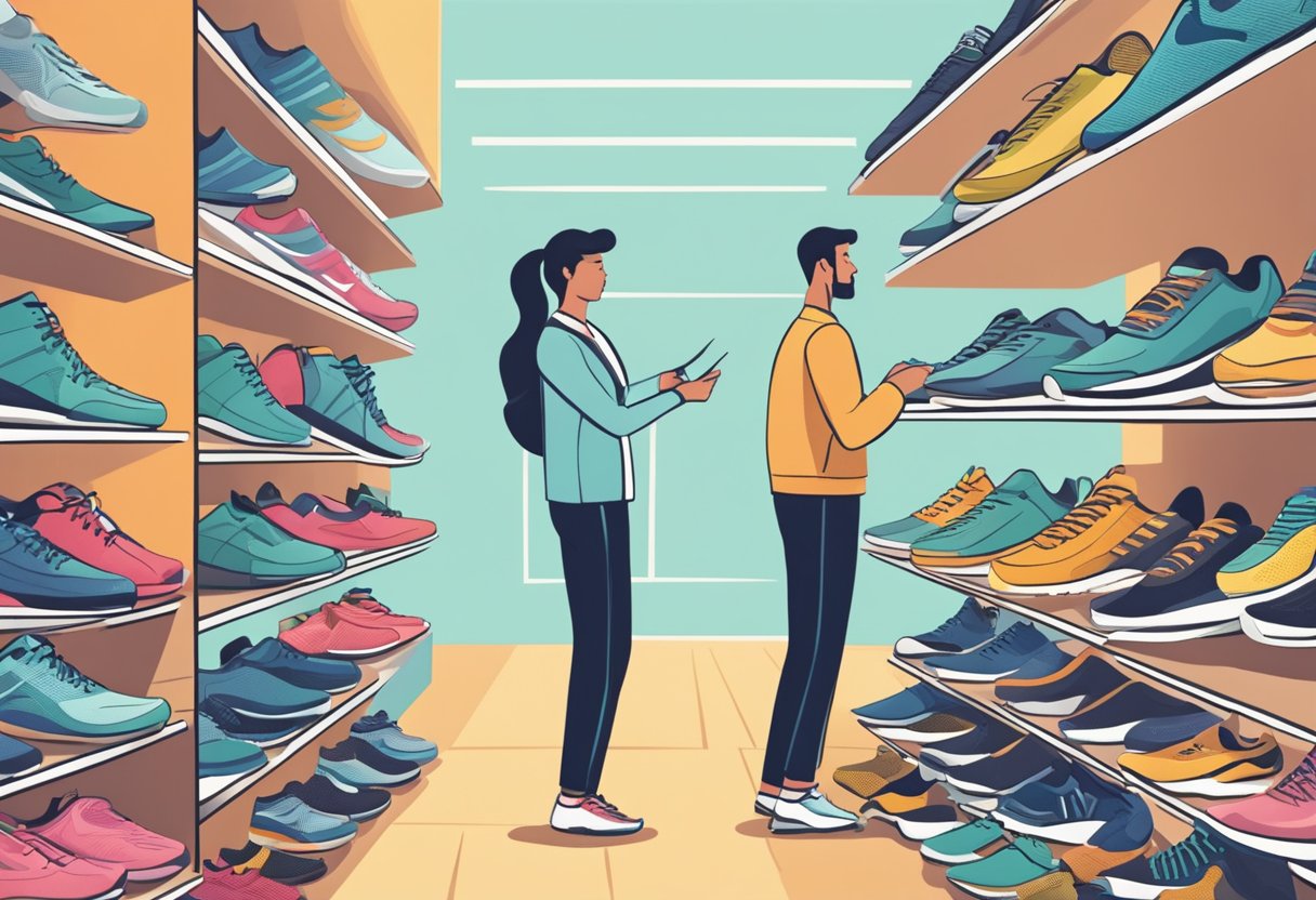 A person examines various running shoes, comparing sizes and styles, while a sales associate offers guidance