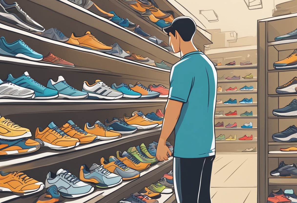 A person stands in front of a row of running shoes, examining the different styles and features. Various types of shoes are displayed on shelves or racks, with signs indicating different foot types