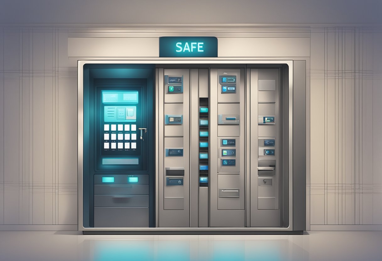A secure, modern safe deposit box in a Singapore bank, with a keypad and keyhole, surrounded by high-tech security features