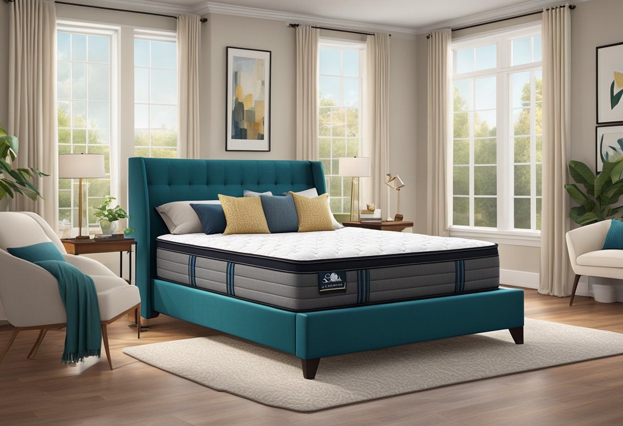 A Sealy mattress sits in a cozy bedroom, surrounded by soft pillows and a warm, inviting atmosphere