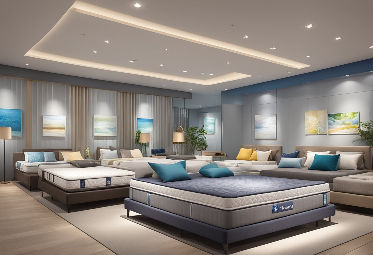 A showroom with various Sealy mattress collections displayed in Singapore. Bright lighting highlights the different designs and sizes available