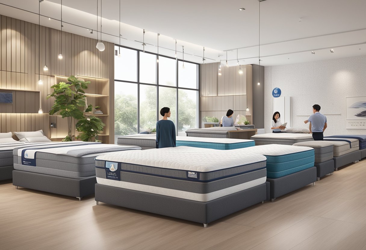 A customer browsing through various customisation and purchasing options for Sealy mattresses in a Singapore showroom