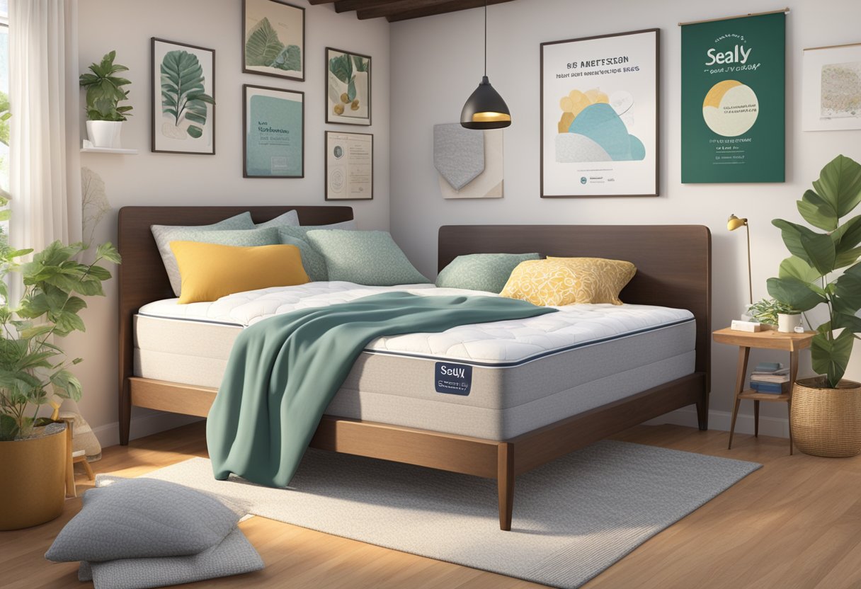 A cozy bedroom with a Sealy mattress as the focal point, surrounded by various FAQ posters and pamphlets about the mattress