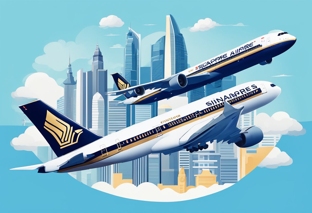A Singapore Airlines plane soars through a clear blue sky over the iconic Singapore skyline