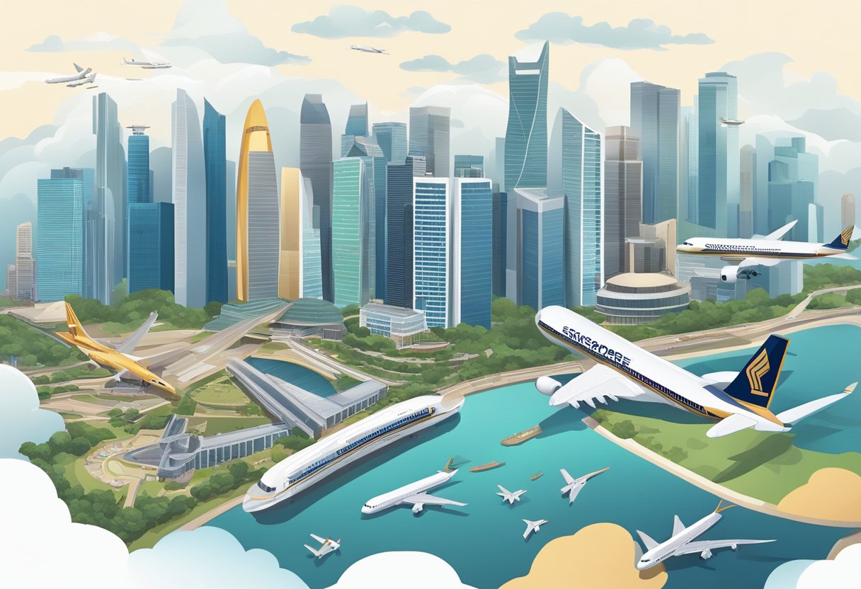 Aerial view of Singapore skyline with iconic landmarks and Singapore Airlines planes in the sky