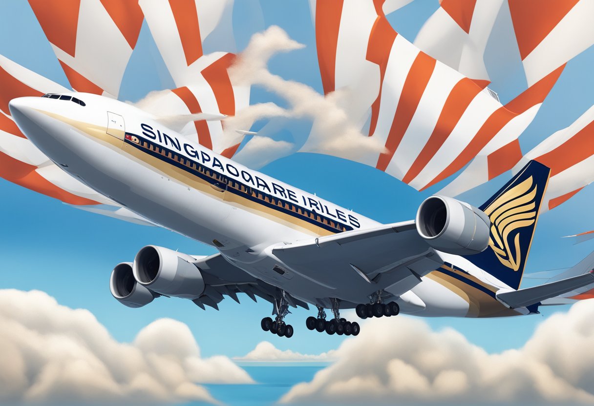 A Singapore Airlines plane soaring through a clear blue sky, with the iconic red and white logo visible on the tail fin