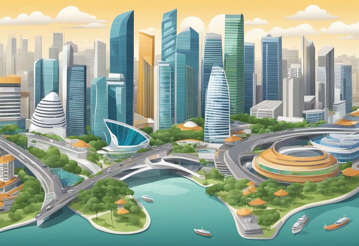 Aerial view of Singapore skyline with iconic landmarks and modern architecture