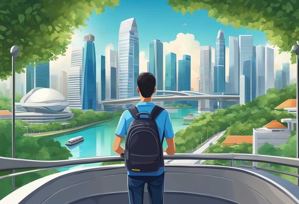 A traveler admires the iconic skyline of Singapore, with its futuristic buildings and lush greenery, while enjoying the convenience and comfort of the city's efficient transportation system
