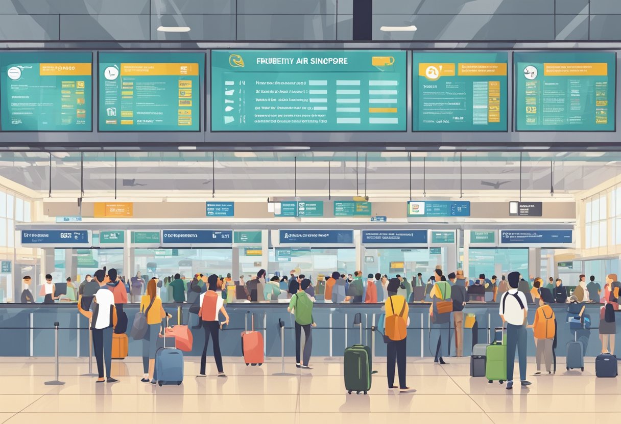 A bustling airport terminal with people queuing at information desks and signs displaying "Frequently Asked Questions" about Singapore Air
