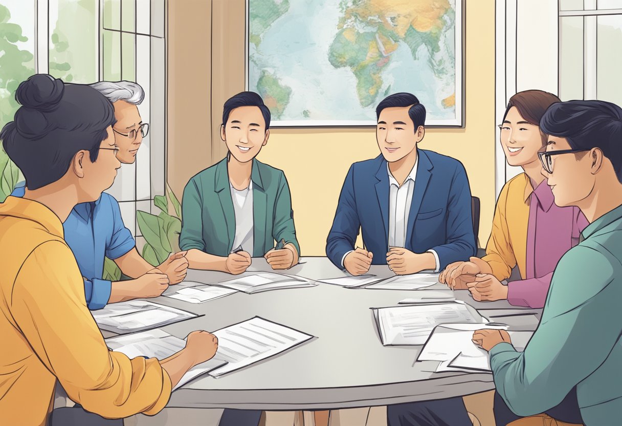 A group of people from different backgrounds gather around a table, discussing and answering questions about the Singapore Alliance