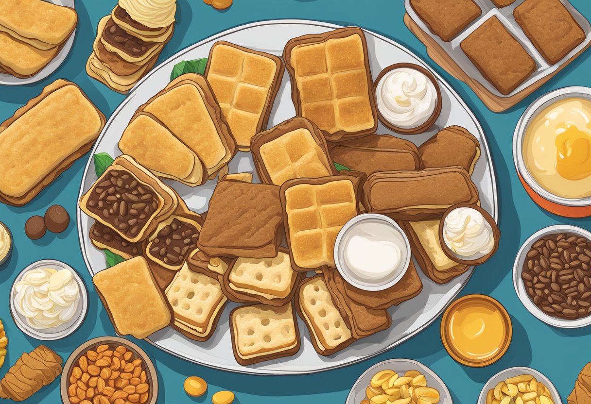 A table covered with a variety of colorful and nostalgic Singaporean childhood snacks, including kaya toast, ice cream sandwiches, and kacang puteh