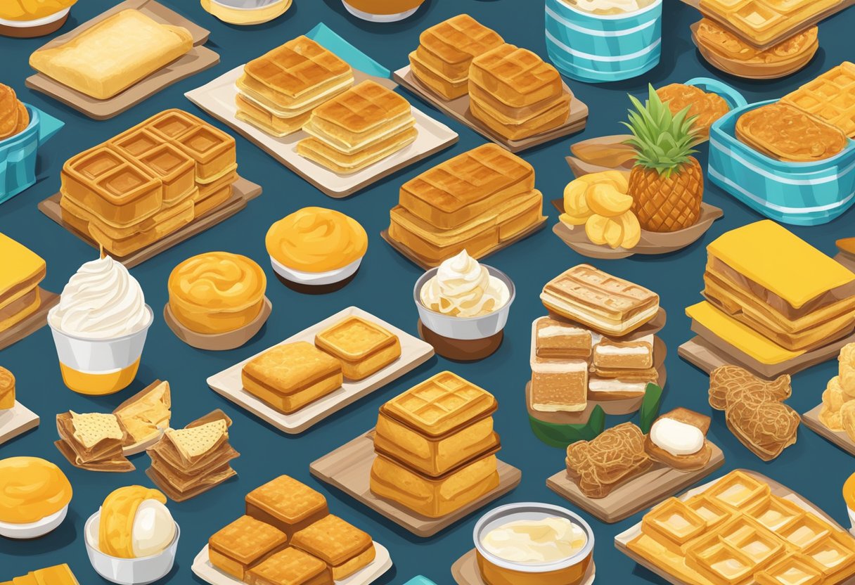 A colorful array of iconic Singaporean childhood snacks, including kaya toast, pineapple tarts, and ice cream sandwiches, displayed on a traditional hawker stall