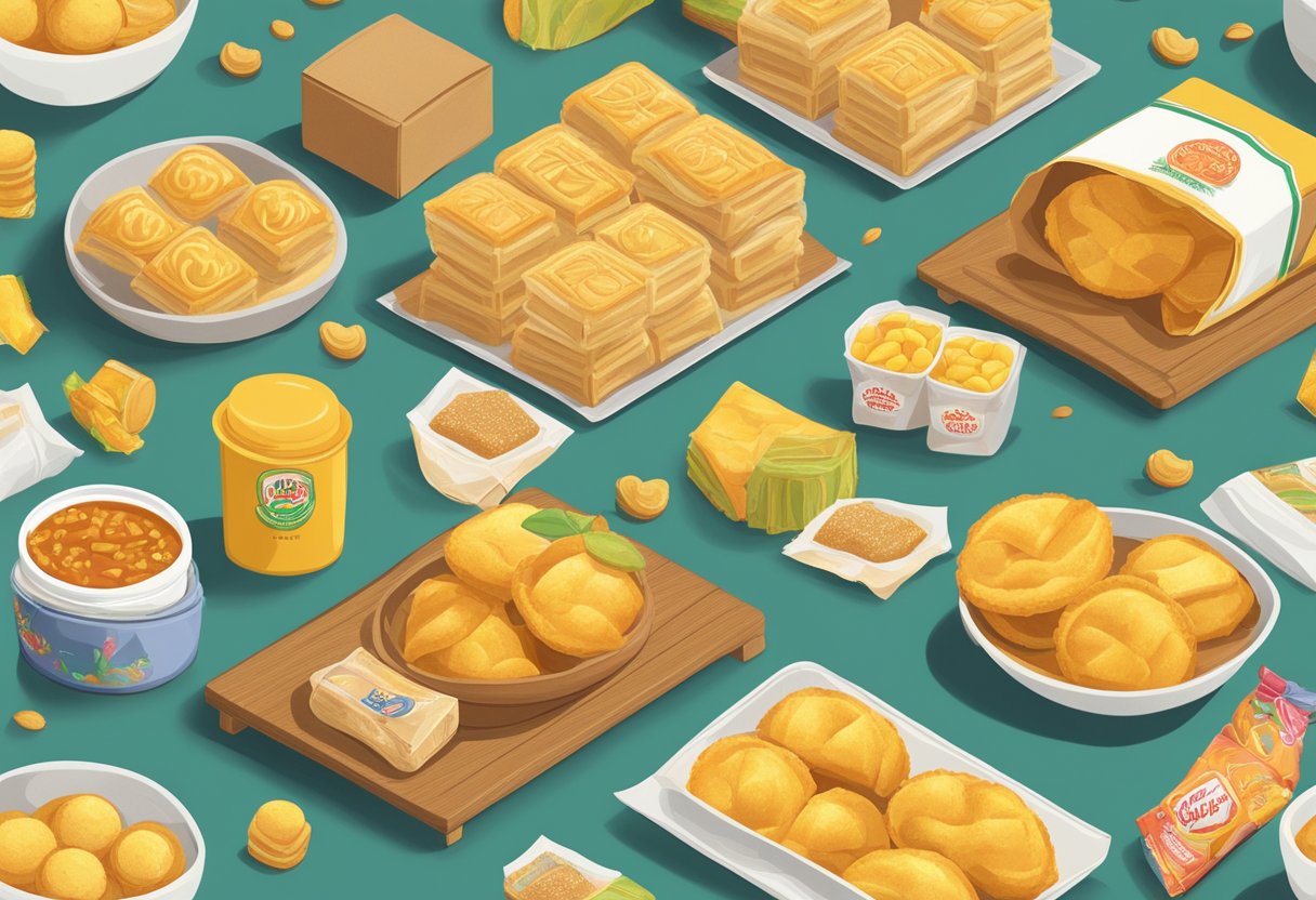 A table adorned with iconic Singaporean childhood snacks: curry puffs, kaya toast, and pineapple tarts, surrounded by nostalgic packaging