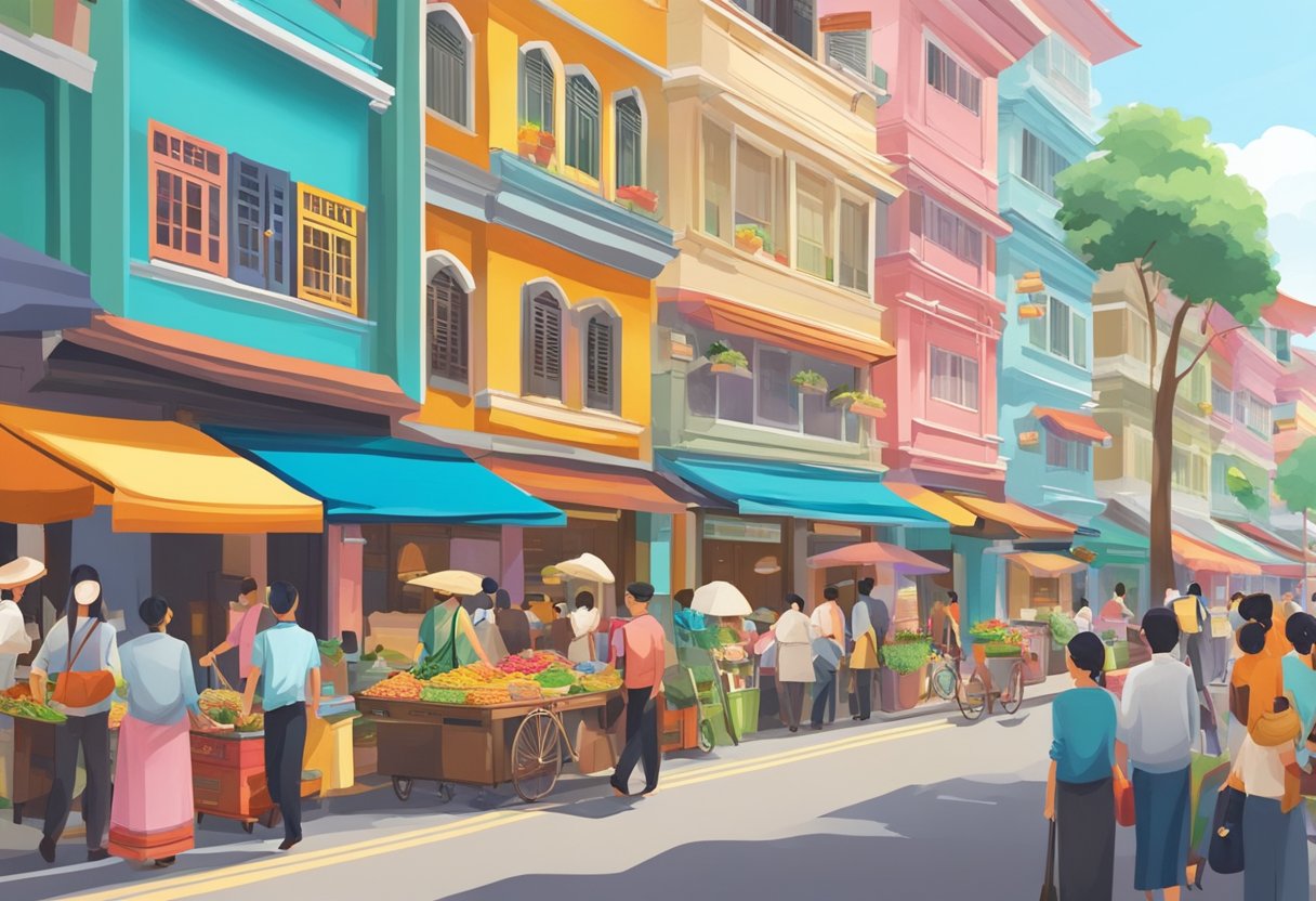 A bustling Singapore street with people in traditional attire, colorful buildings, and vibrant street vendors