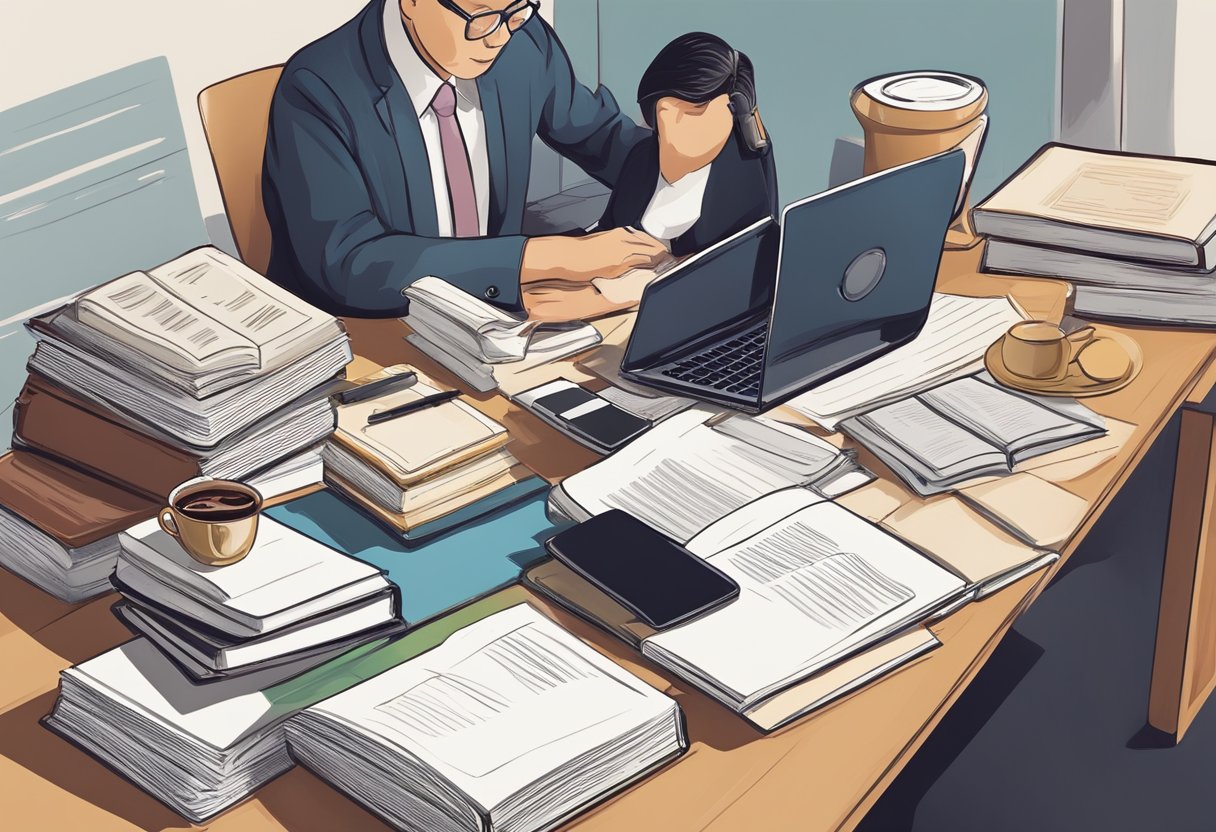 A lawyer reviewing Singaporean laws on downblouse photography. Books and legal documents on a desk, with a laptop and a cup of coffee