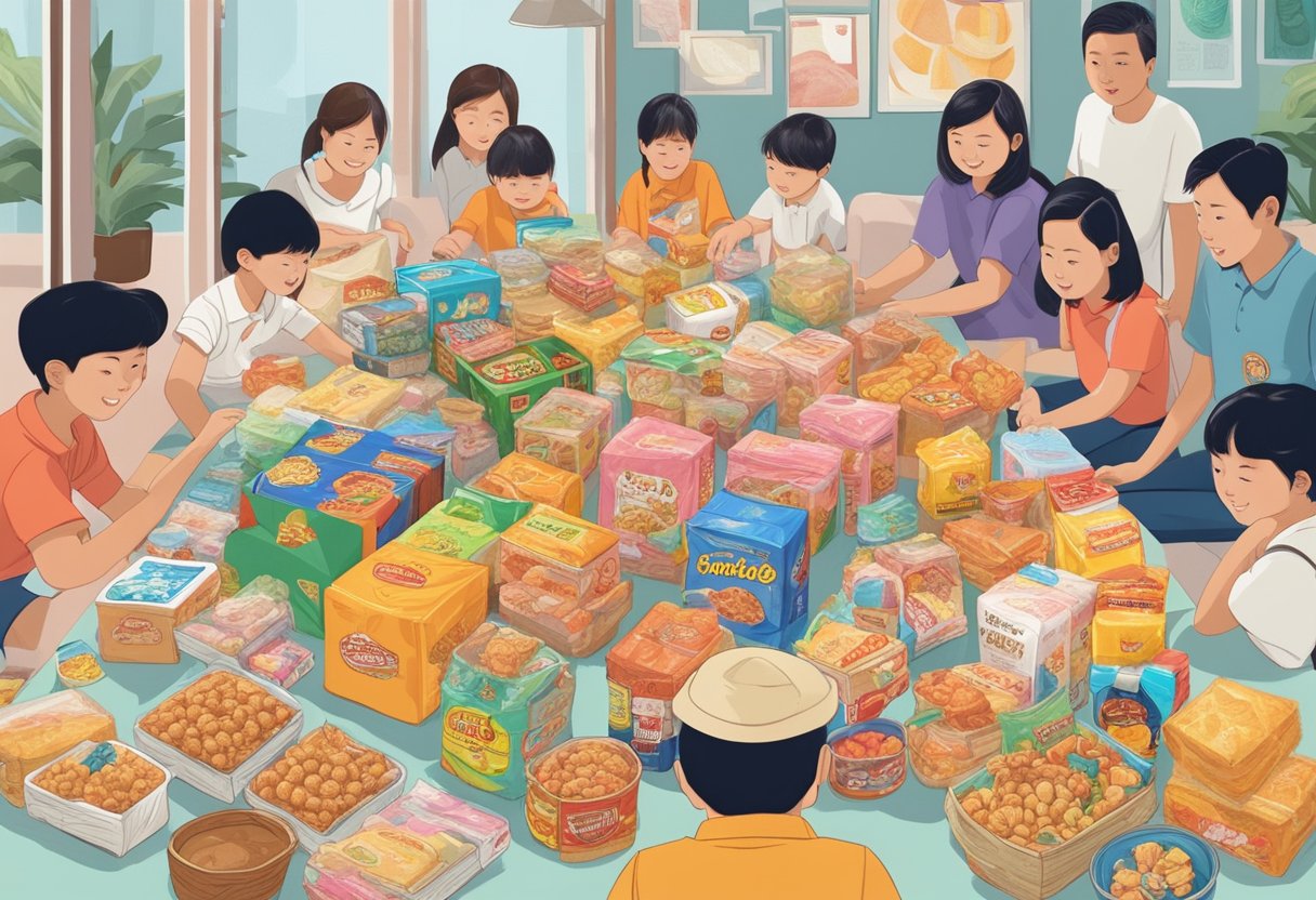A table filled with colorful packages of nostalgic Singaporean childhood snacks, surrounded by curious onlookers