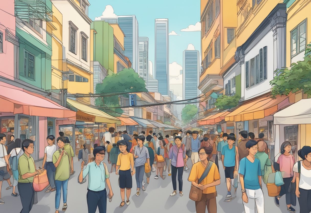 A crowded street in Singapore with people from diverse cultural backgrounds, showcasing traditional clothing and engaging in various social activities