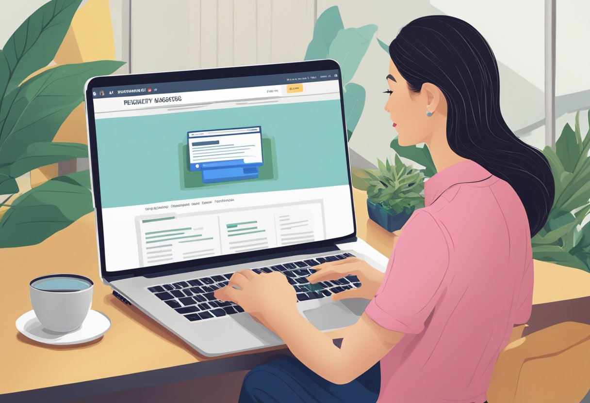 A woman browsing a website on her laptop, with the words "Frequently Asked Questions Singapore Downblouse" displayed prominently on the screen