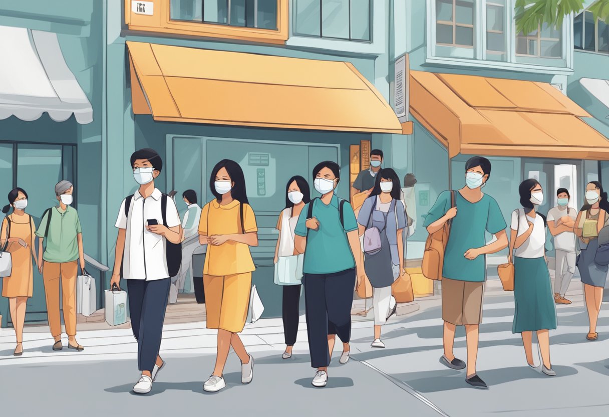 A busy street in Singapore with people wearing masks and adhering to social distancing guidelines, hand sanitizing stations, and signs promoting health and safety measures