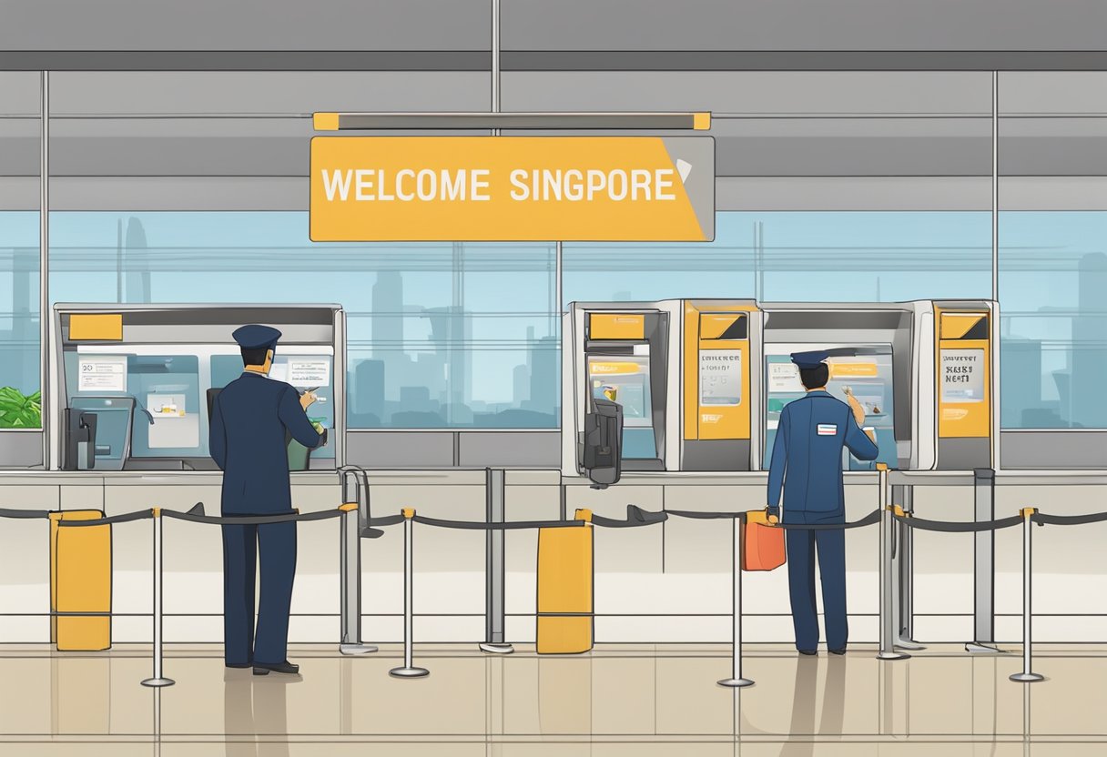 A passport and boarding pass being checked at a security checkpoint in front of a "Welcome to Singapore" sign