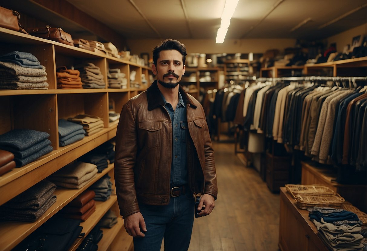 A cluttered thrift store with racks of clothing, shelves of knick-knacks, and bins of accessories. A person haggles with a shop owner over a vintage leather jacket