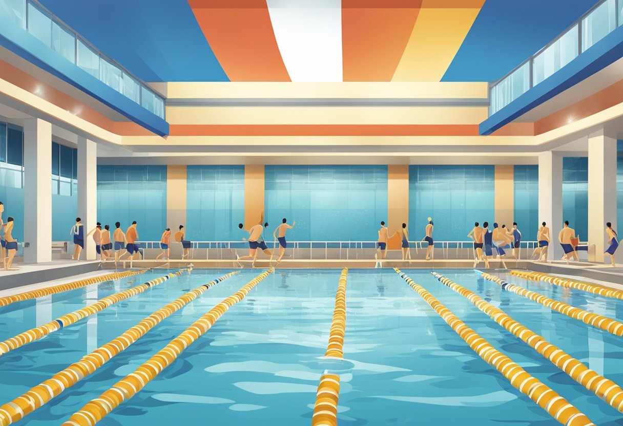 Swimmers compete in a pool under the banner of the Singapore Swimming Association