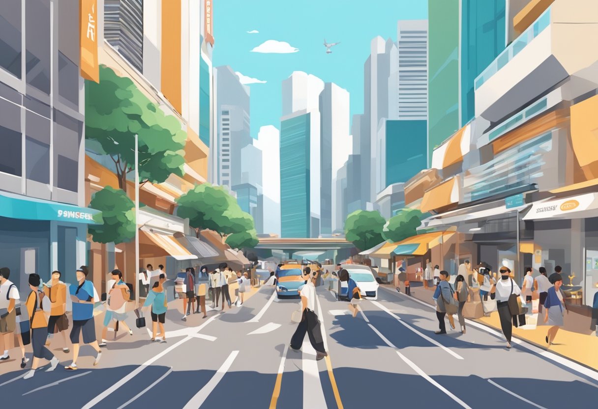 A bustling Singapore street with diverse people, clear signage, and visible security measures, creating a safe and welcoming travel environment