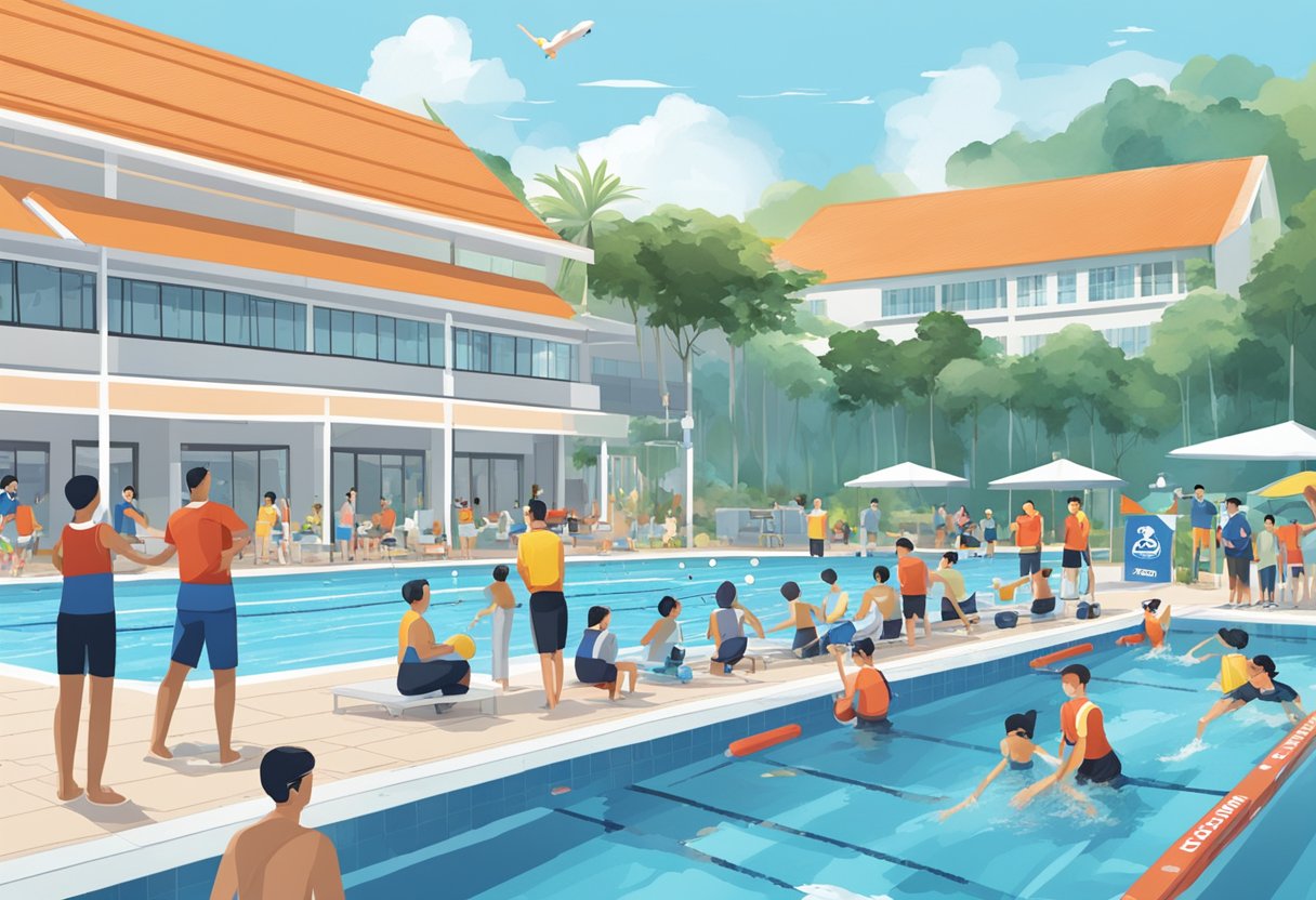 A poolside scene with SSA logo, swimmers, coaches, and staff in action, representing the dynamic and inclusive environment of Singapore Swimming Association