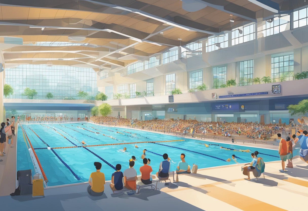 A group of coaches and swimmers gather at the Singapore Swimming Association for a development program. The pool is bustling with activity and excitement