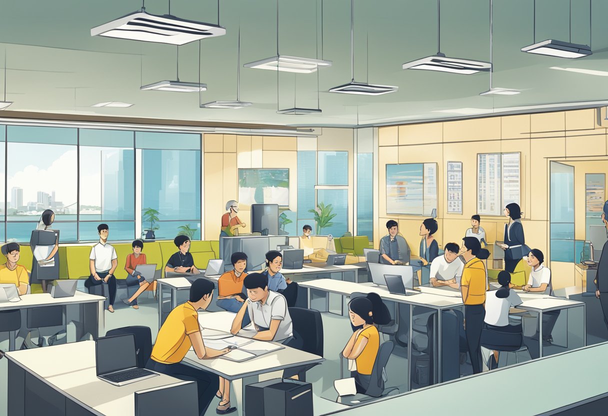 A group of people gathered around a sign that reads "Frequently Asked Questions Singapore Swimming Association." The setting is a bright and modern office with a professional atmosphere
