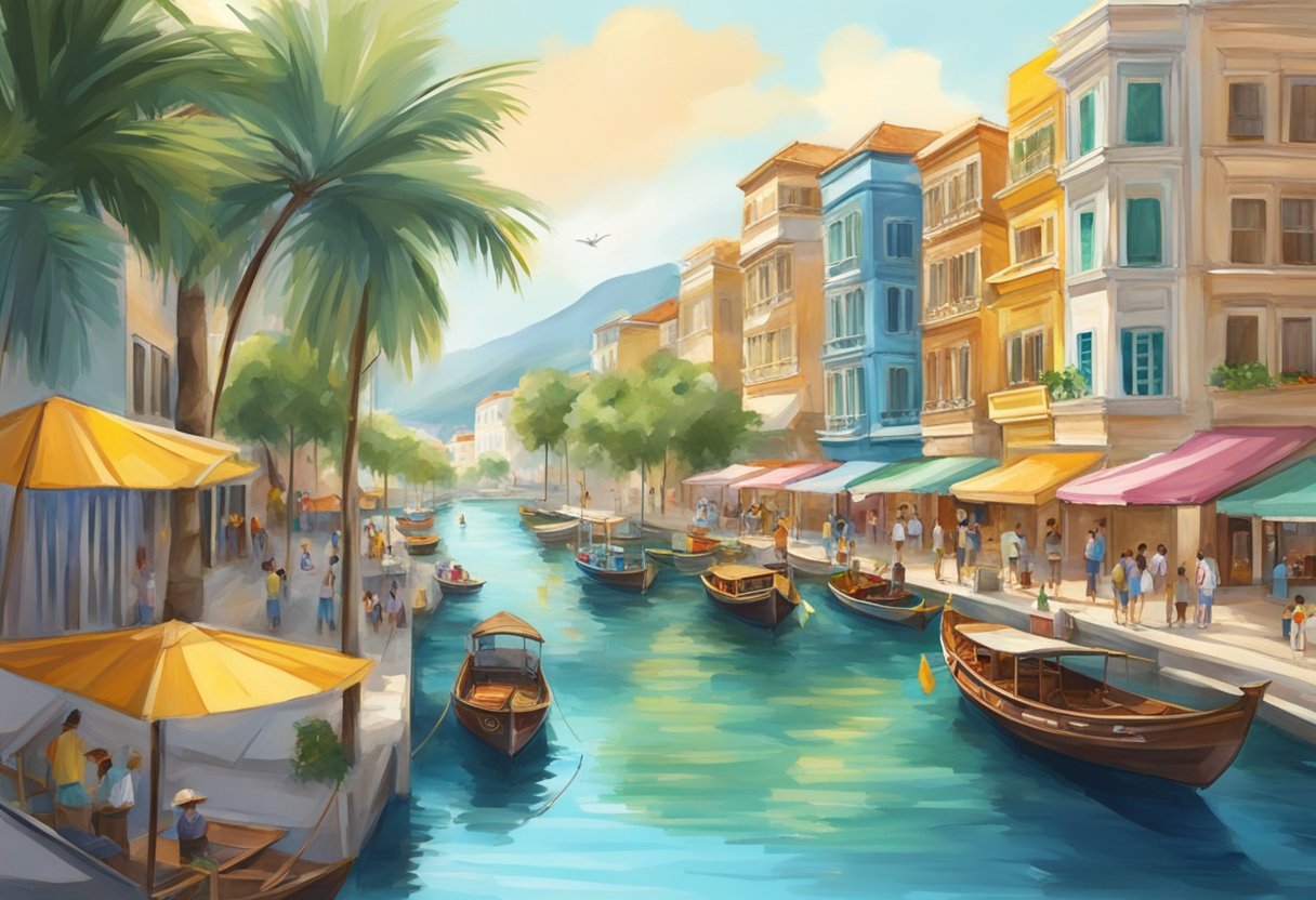A bustling street in Singapore leads to a serene beach in Greece. Palm trees sway in the warm breeze as colorful boats dot the crystal-clear waters